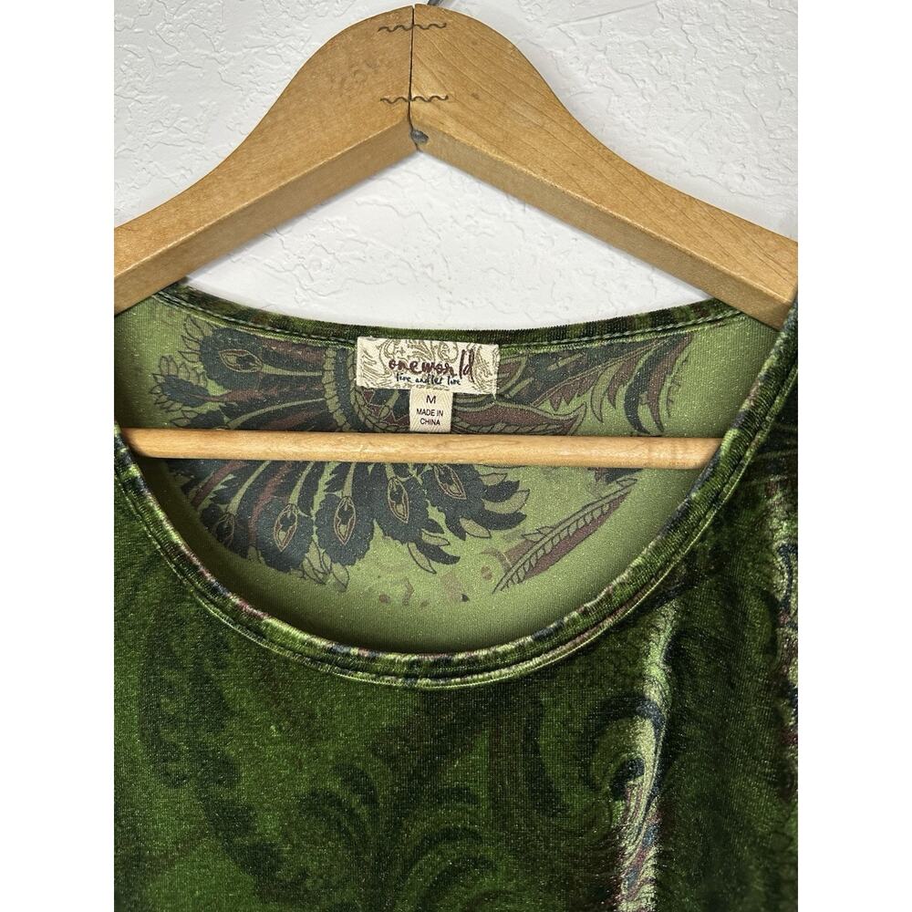 One World Top Tunic Velvet Green A Symmetrical Paisley Boho Medium Woman’s - Picture 5 of 8